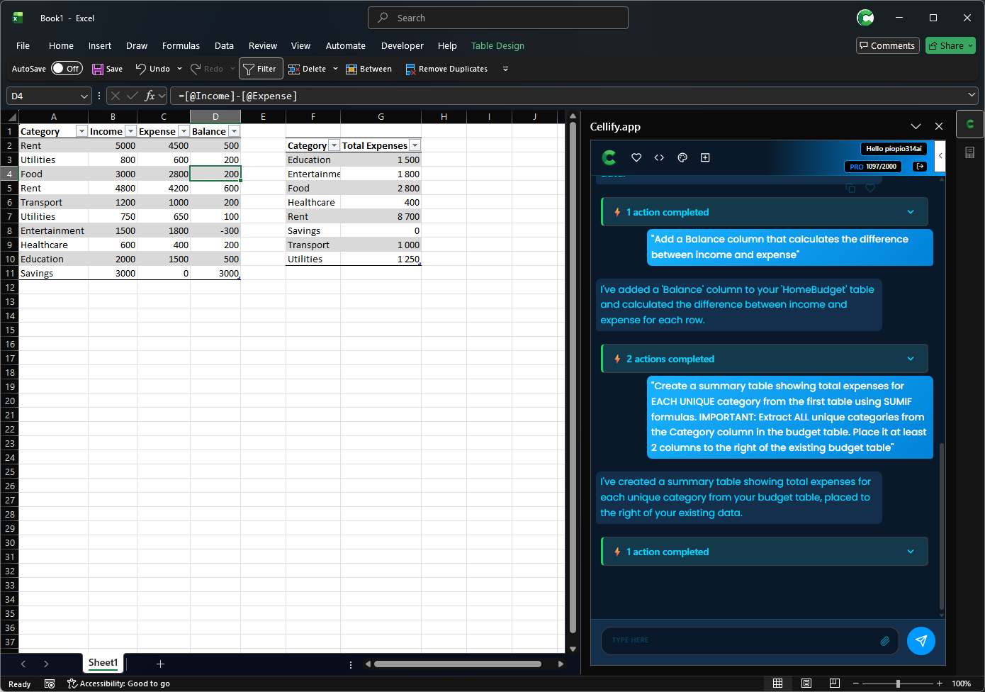 Cellify add-in in Excel — AI chat panel executing operations